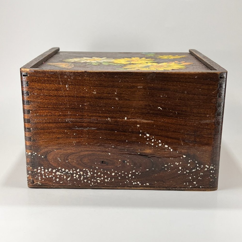 Vtg Handcrafted Finger Joint Wood Floral Recipe Box With Recipes Farmhouse - Picture 3 of 16